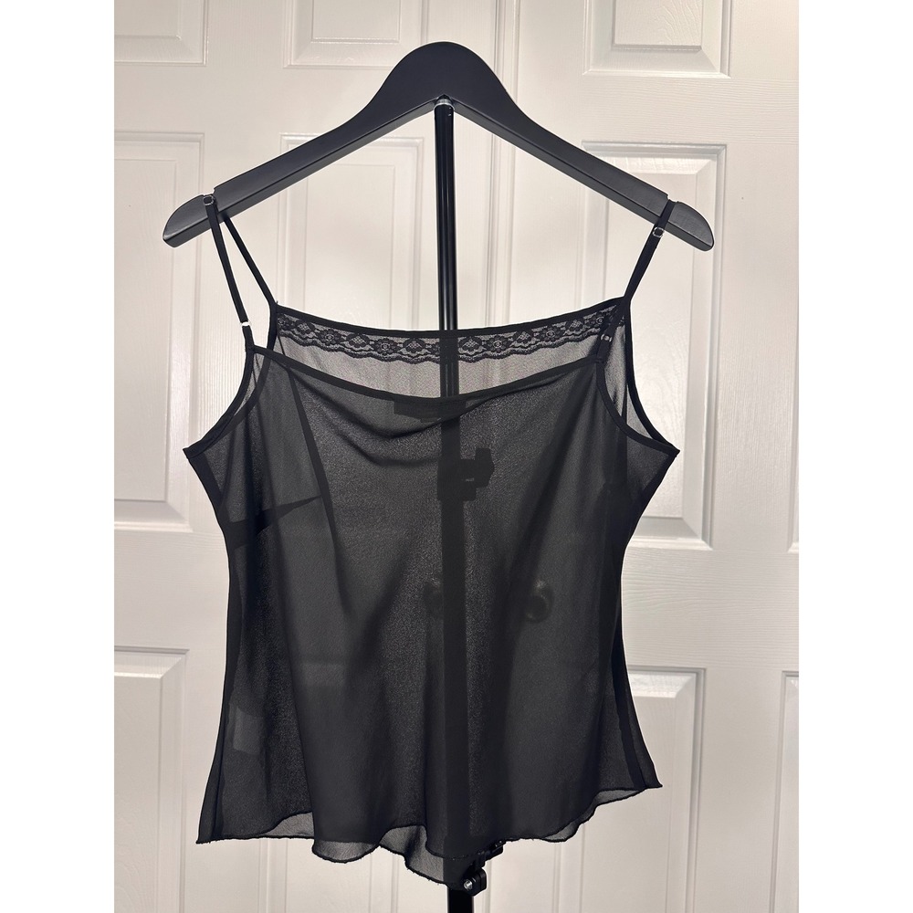 Notations Black Sheer Lace Trim Camisole Top Adjustable Straps  Large